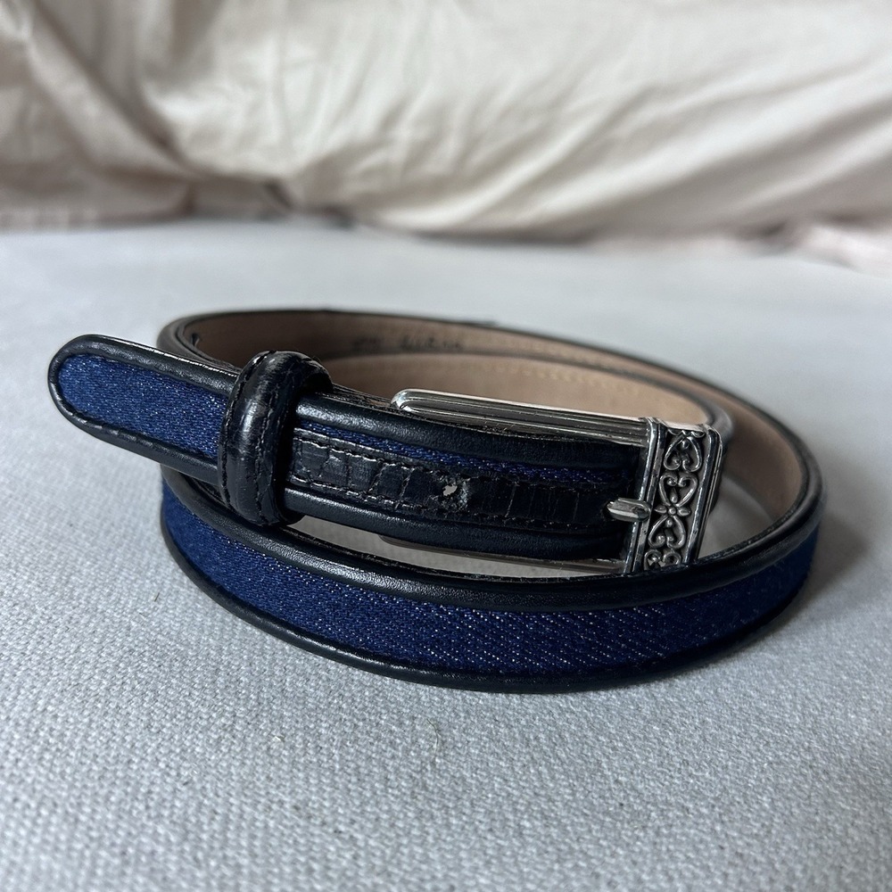 Vintage Brighton Black Leather Denim Y2K Silver Buckle Filigree Size L 34